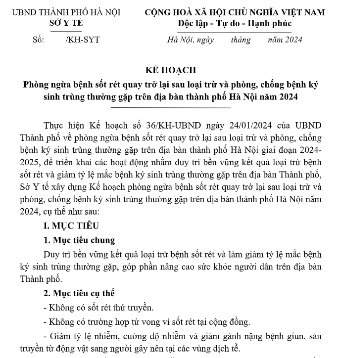 (749/KH-SYT) Kế hoạch phòng ngừa bệnh sốt rét, bệnh ký sinh trùng thường gặp trên địa bàn thành phố Hà Nội năm 2024