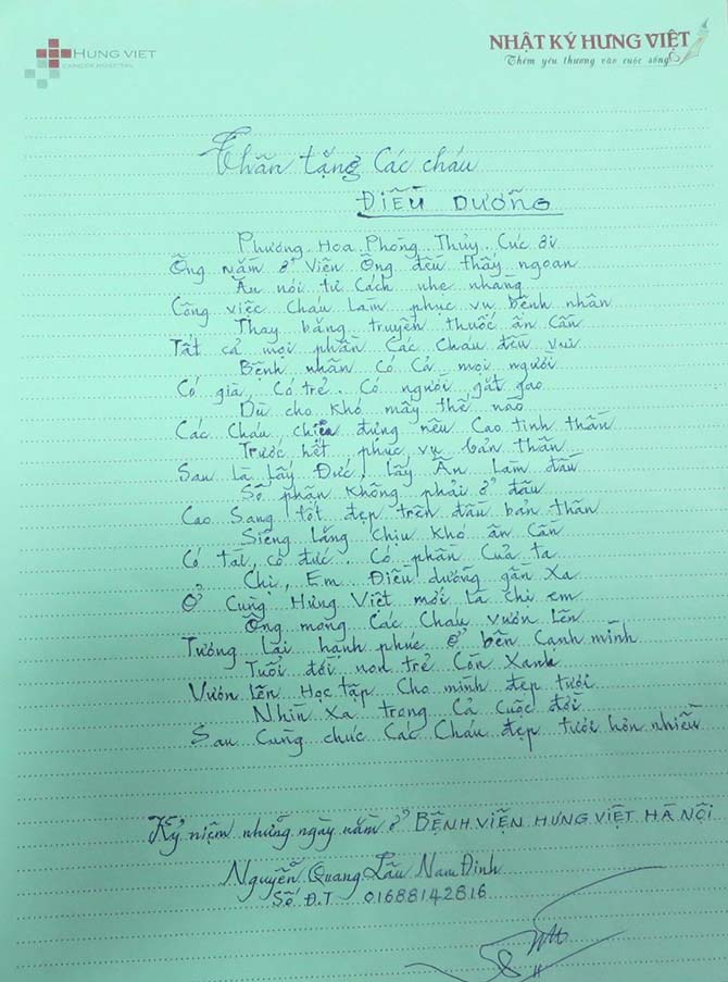 Bài thơ bác Nguyễn Quang Lâu gửi tặng điều dưỡng bệnh viện ung bướu hưng việt Bài thơ gửi tặng điều dưỡng bệnh viện ung bướu hưng việt