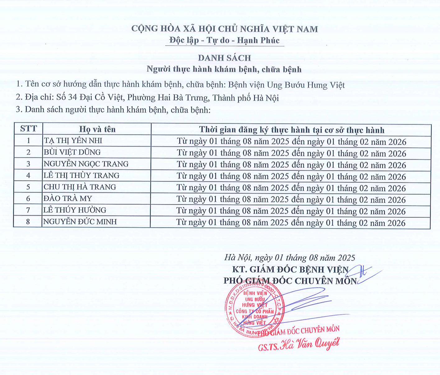 danh sach dang ky thuc hanh kham chua benh tai benh vien ung buou hung viet