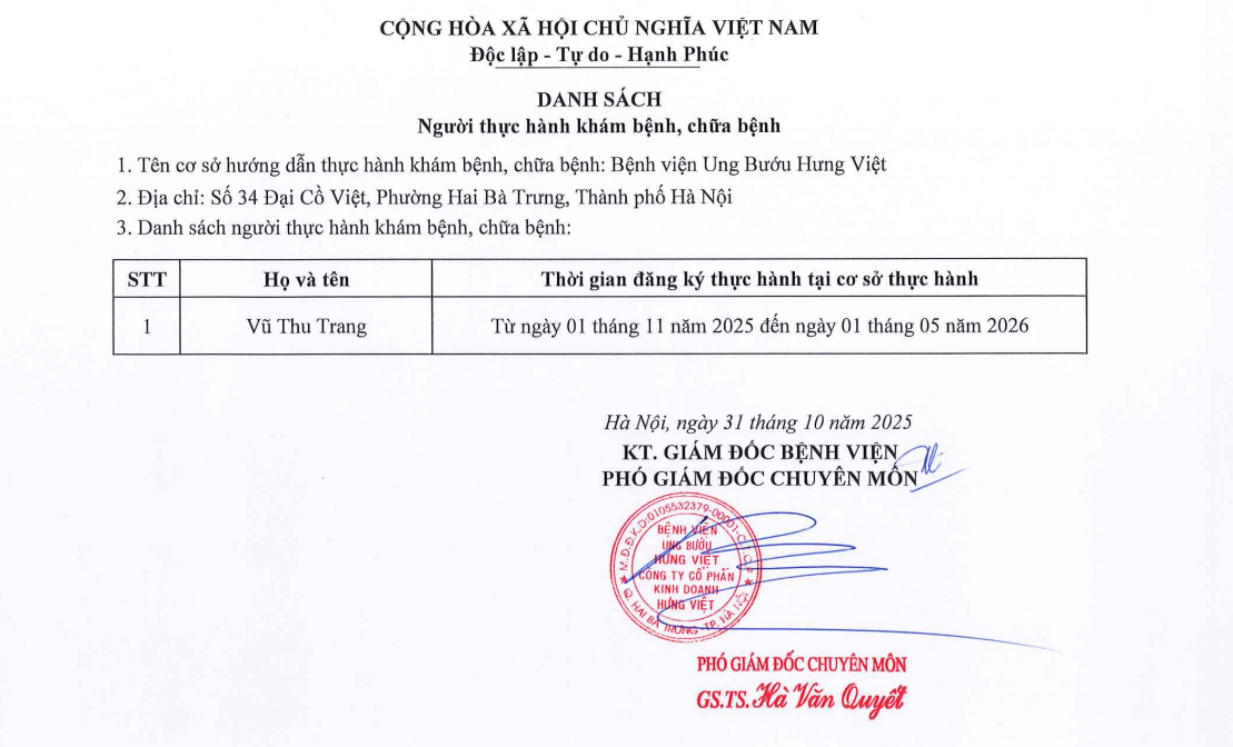 Danh sách người thực hành tại Bệnh viện (Từ ngày 01/11/2025 đến ngày 01/5/2026)