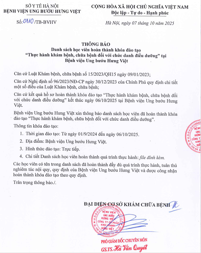 TB danh sách học viên hoàn thành khóa đào tạo thực hành khám bệnh chữa bệnh với chức danh điều dưỡng